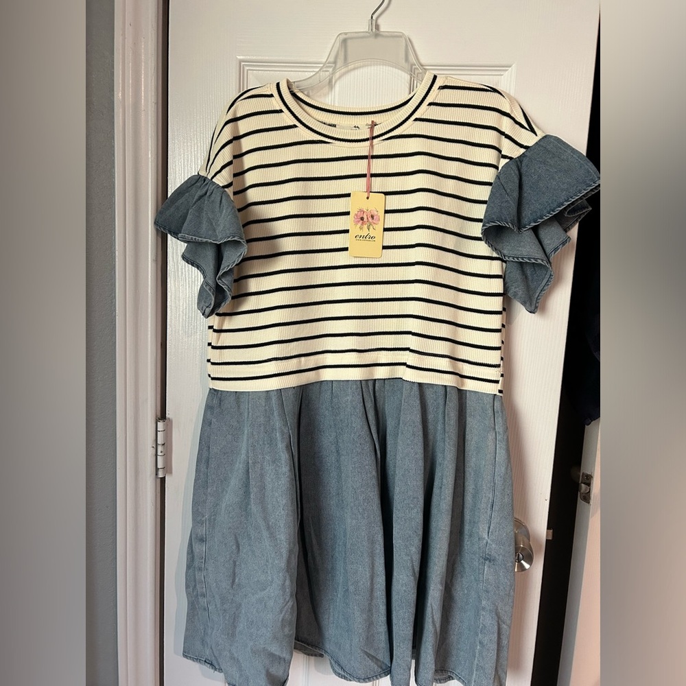 Denim striped baby doll dress NWT